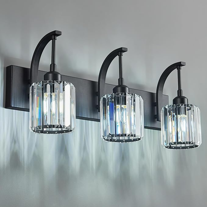 FDPBY 3-Light Crystal Vanity Light, Modern Black Bathroom Wall Sconce by FDPBY