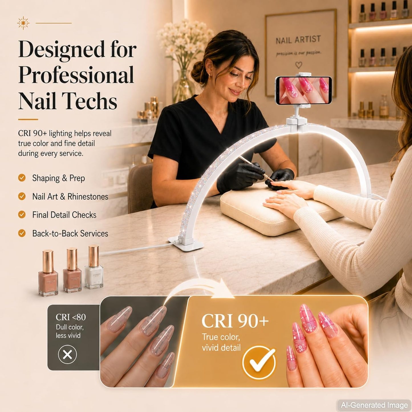 Half Moon Light for Nail Desk: 180° No-Shadow Manicure Table Lighting | 29'' with 3 Color Modes 10 Brightness Levels Keeps Nail Salon Work Area Lit for Manicurists - Phone Holder (Diamond)