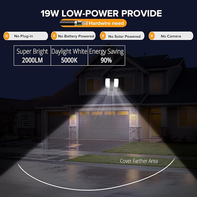 UME 19W LED Flood Light Motion Sensor Outdoor, 2 Adjustable Head, IP65 - Image 2