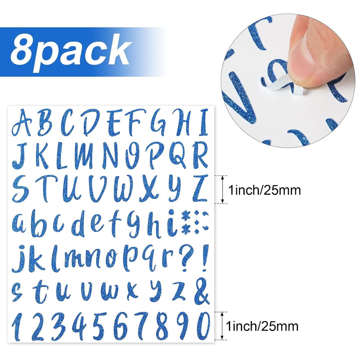Outus 576 Pcs 8 Sheets Glitter Letters Stickers Vinyl Alphabet Number Decals Back to School Supplies for Water Bottles Cups Mailbox Scrapbooking Bulletin Board Classroom Decor(1 Inch,Sapphire Blue)