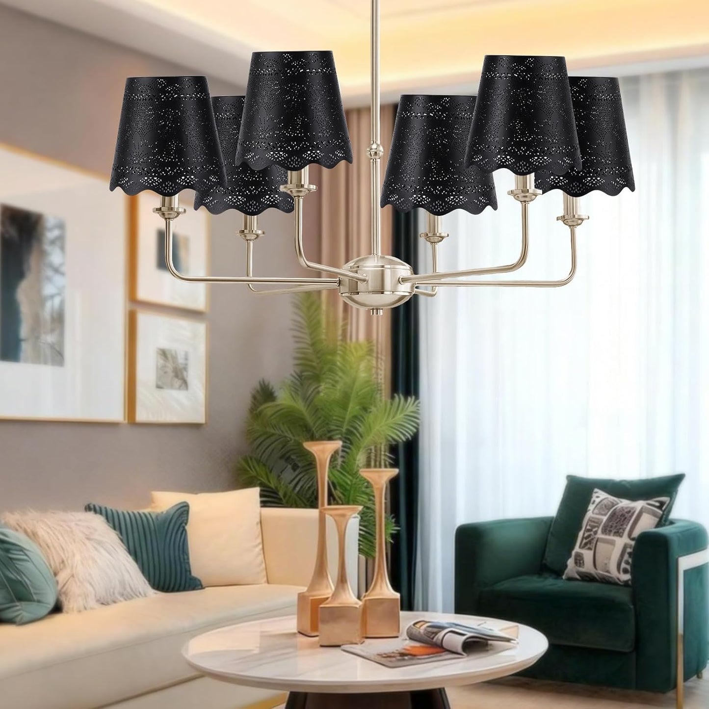YISUN Chandelier Lampshades Set of 6, Small Metal Lamp Shade 3.9" Top x 5.9" Bottom x 5.5" High, Fit for Candelabra Bulbs, Clip-on Lamp Shades (Flower Black)