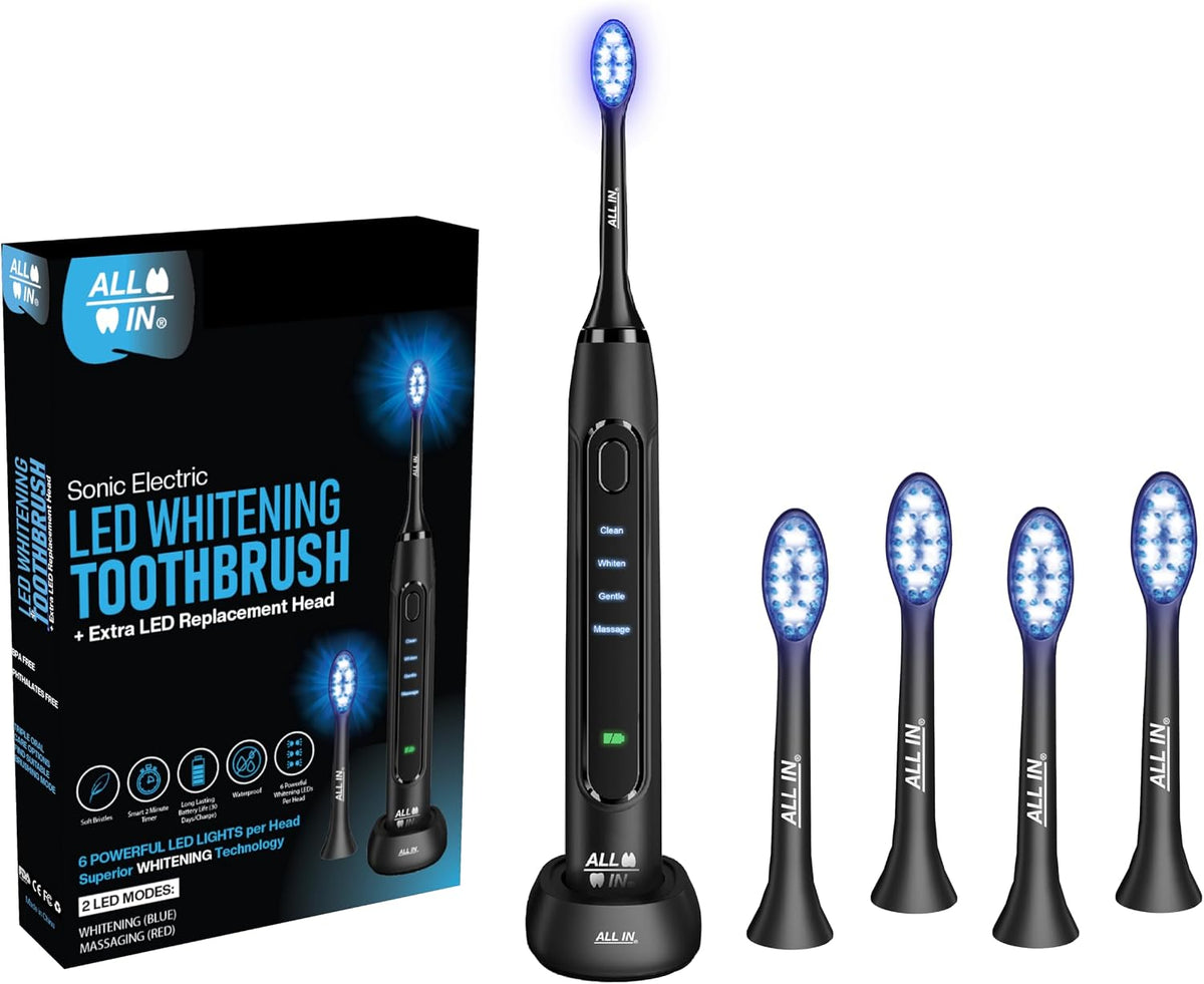 ALL IN Sonic LED Whitening Toothbrush and Replacement Heads Full Set