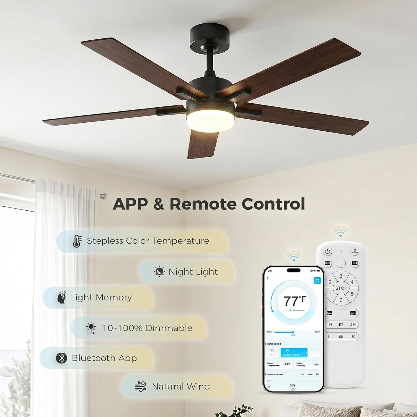 Obabala Ceiling Fan with Light 52 Inch, DC Motor Ceiling Fan with Remote and APP Control, Dimmable LED Color Changing, Reversible Quiet Fan for Bedroom Living Room Indoor Outdoor, Modern