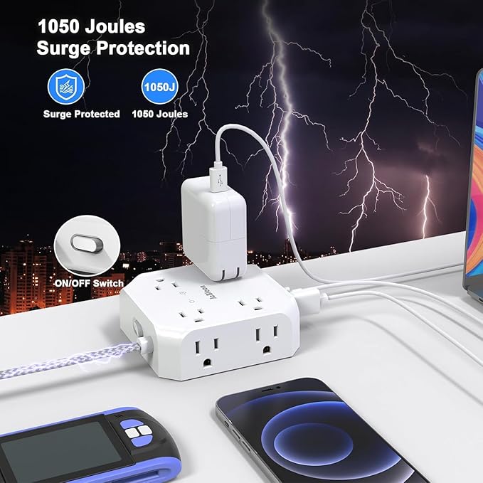 Surge Protector Flat Plug Power Strip, 10Ft Extension Cord - Image 3
