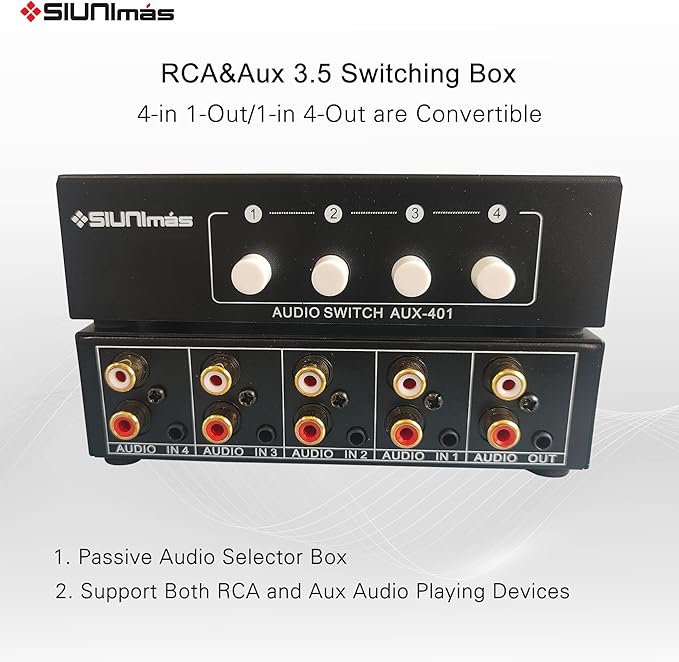 SIUNIMAS 4-in 1-Out RCA and 3.5mm Aux Audio Receiver Switching Box 4 Channels - Image 2