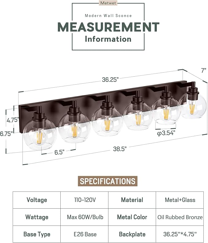 METWET Oil Rubbed Bronze Bathroom Light Fixtures, 6-Light Bathroom Vanity - Image 2