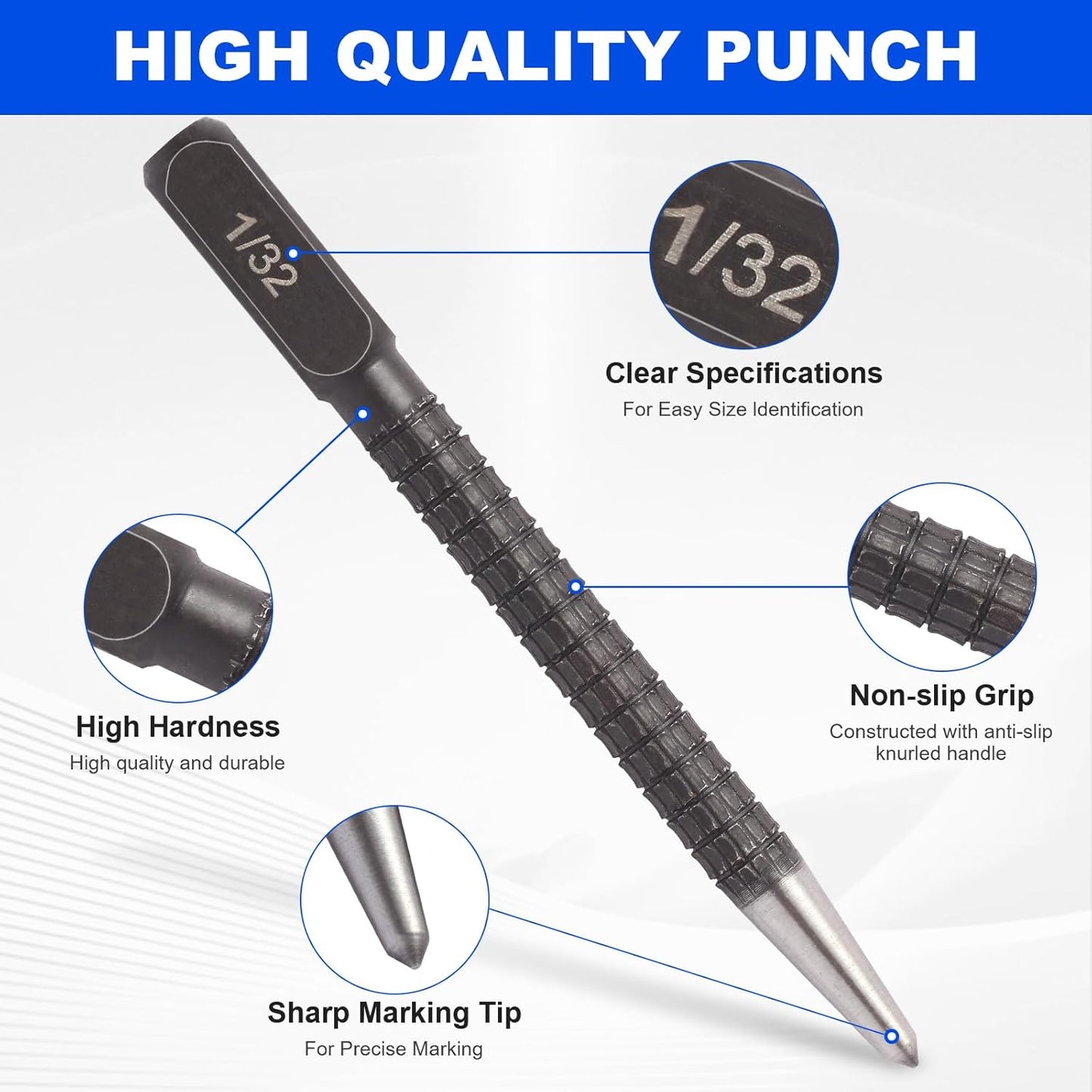4-Piece Center Punch Set with Sizes 1/32"-4/32" | Hardened steel precision punches & nail set. sizes: 1/32", 2/32", 3/32", 4/32". for metalworking, woodworking, drilling.