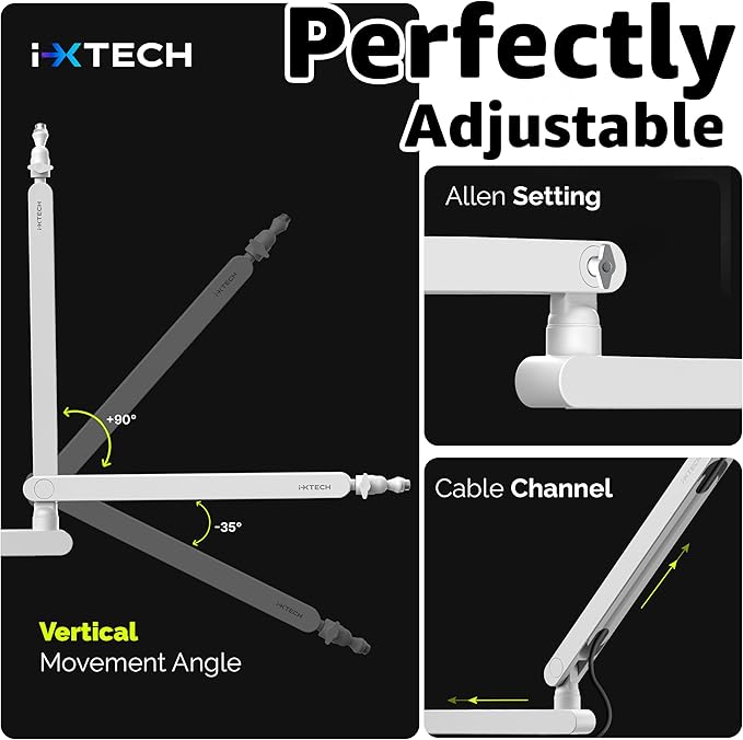IXTECH White Microphone Boom Arm Stand Low Profile Boom Arm Adjustable Mic Stand - Image 7
