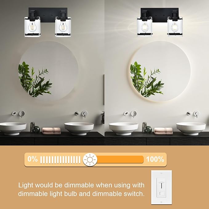 WINSHEN Black 2-Light Wall Sconce Bathroom Light Fixture, Rectangular Clear - Image 4