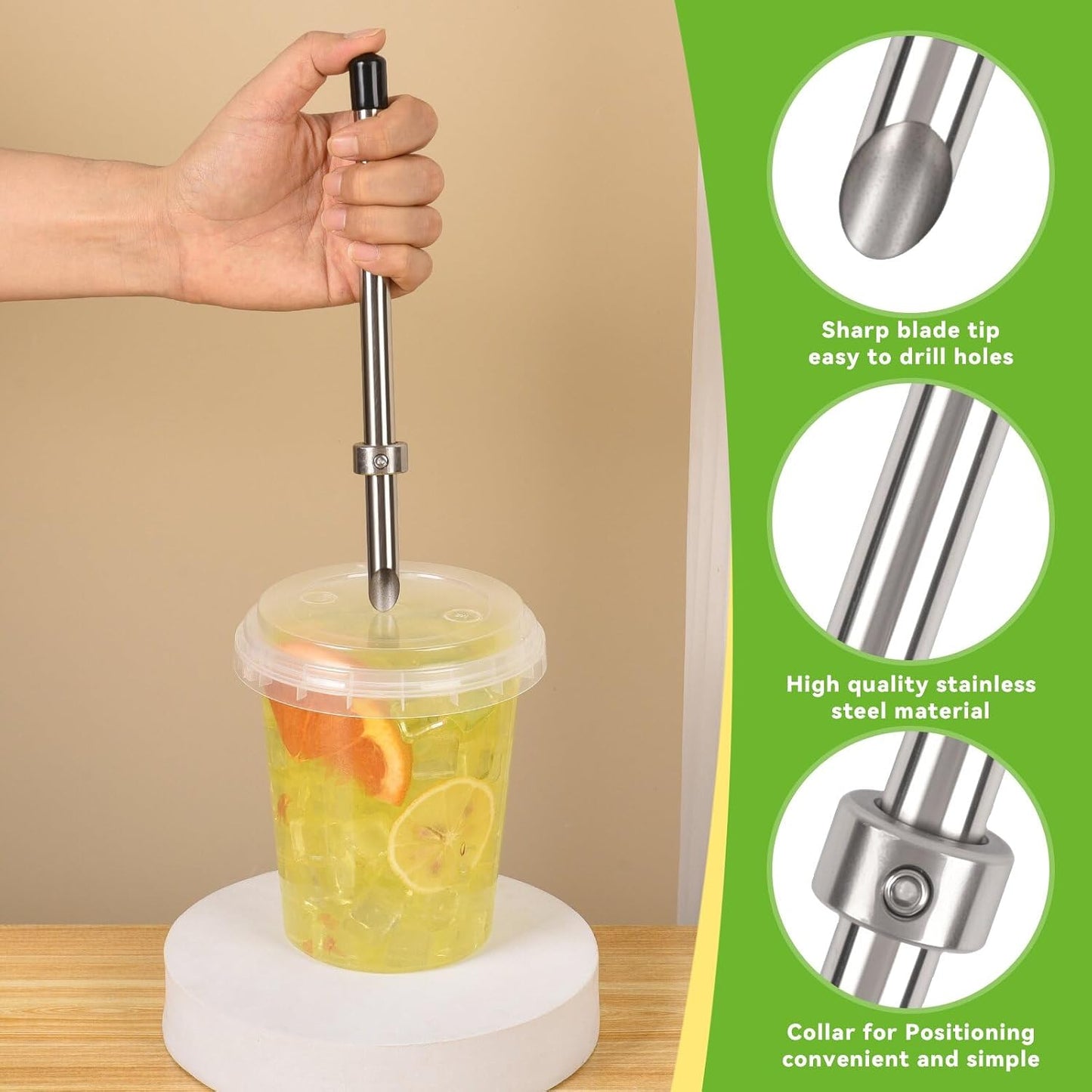 5 Pack Straw Puncher, lemonade stand supplies kit | with straw puncher for plastic lids, muddler for lemonade and cocktails, reusable lemonade cups