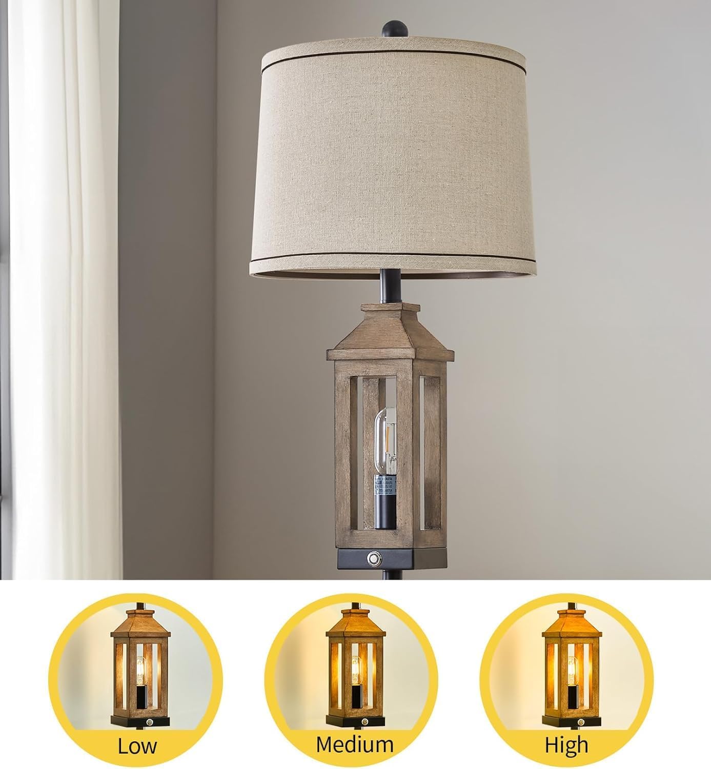 G-SAFAVA 63" Farmhouse Floor Lamps for Living Room Bedside Nightstand Lamp Black Tall Standing Lamp for Home Decor Bedroom Reading Wood Lamp Rustic Bed Lights with 2 Light Sources