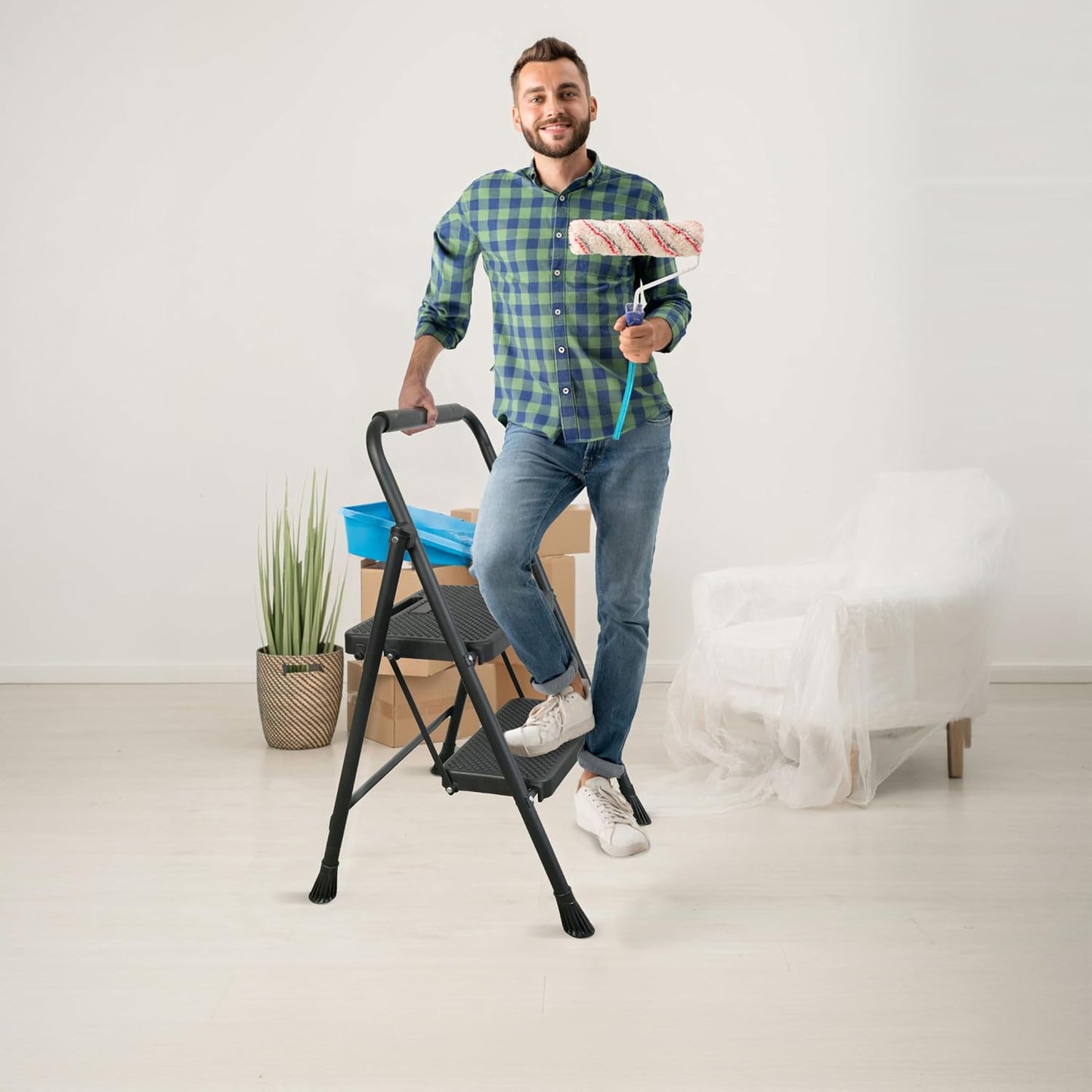 Step Ladder, Portable Steel Folding Step Stool with Wide Anti-Slip Pedal & Convenient Handgrip, 500lbs Sturdy Steel Ladder, 2-Step, Black