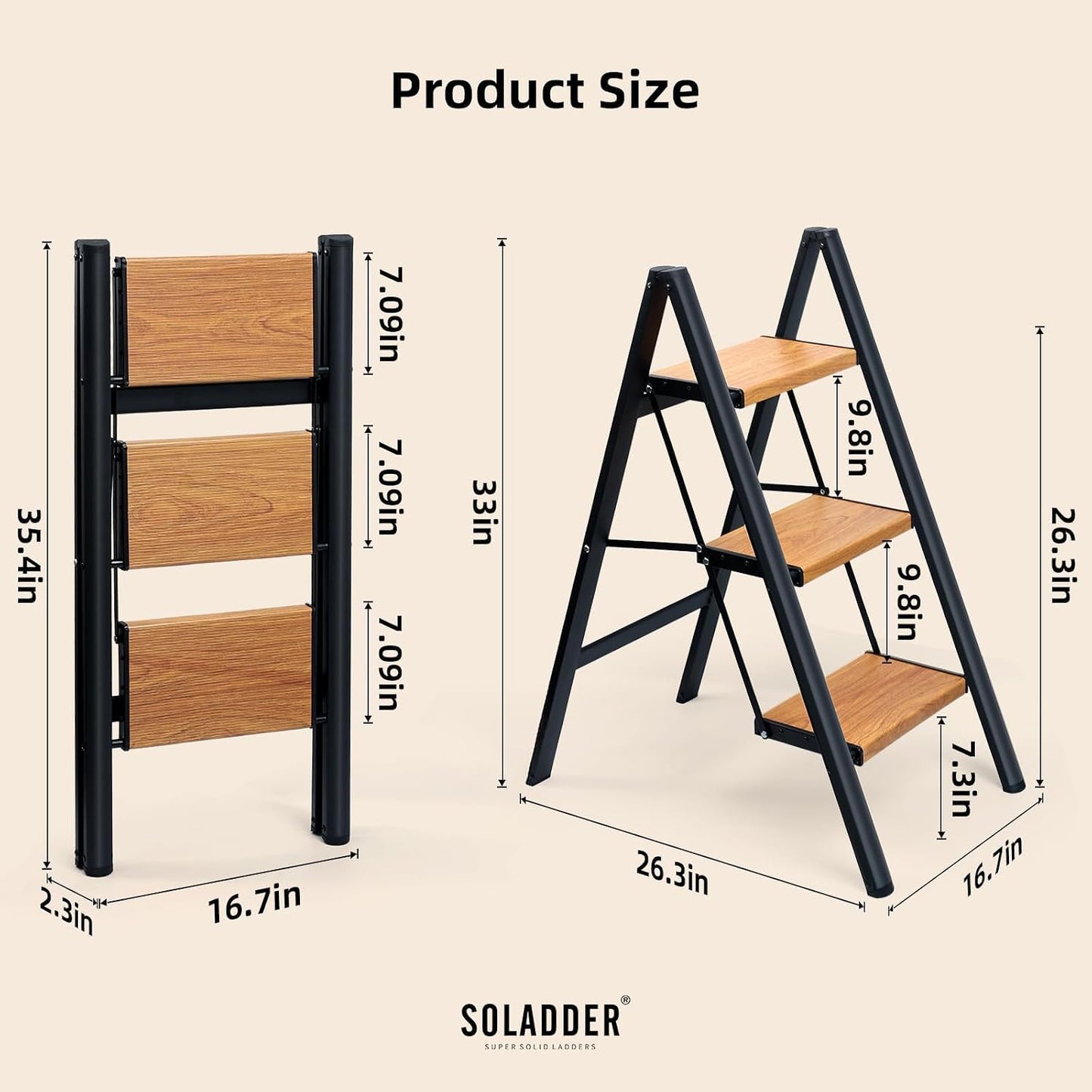 3 Step Ladder, Folding Step Stool, Black & Woodgrain | Wide Anti-Slip Steps and a Foldable, Space-Saving Design for Adults to Use in Kitchens, Closets, Library,300 lbs