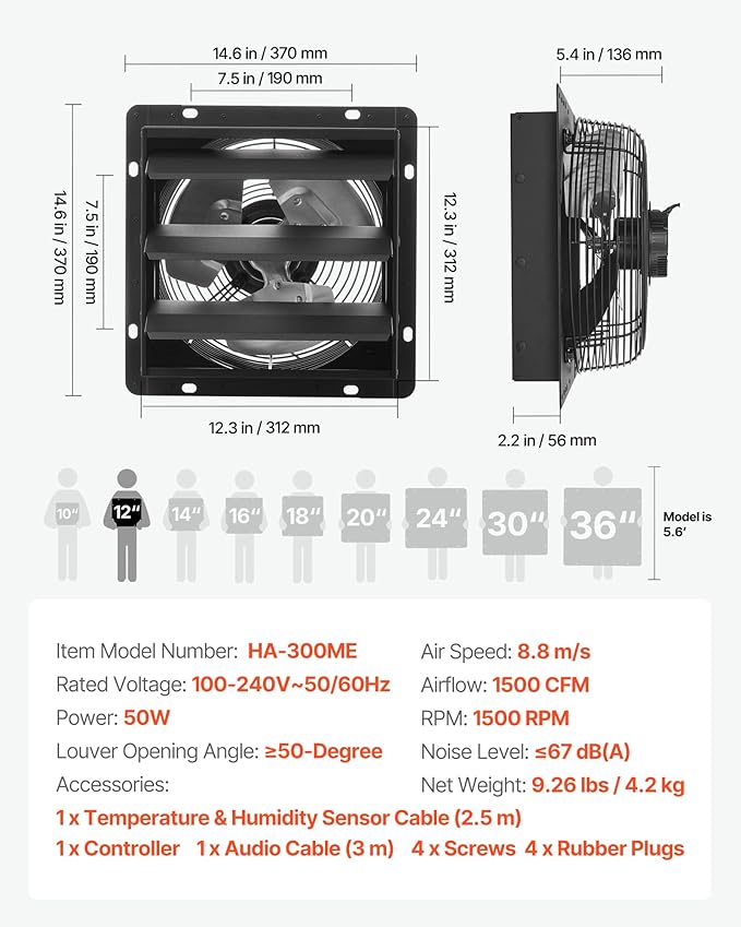 VEVOR 12 inch Shutter Exhaust Fan, Wall Mounted Attic Vent Fan - Image 7