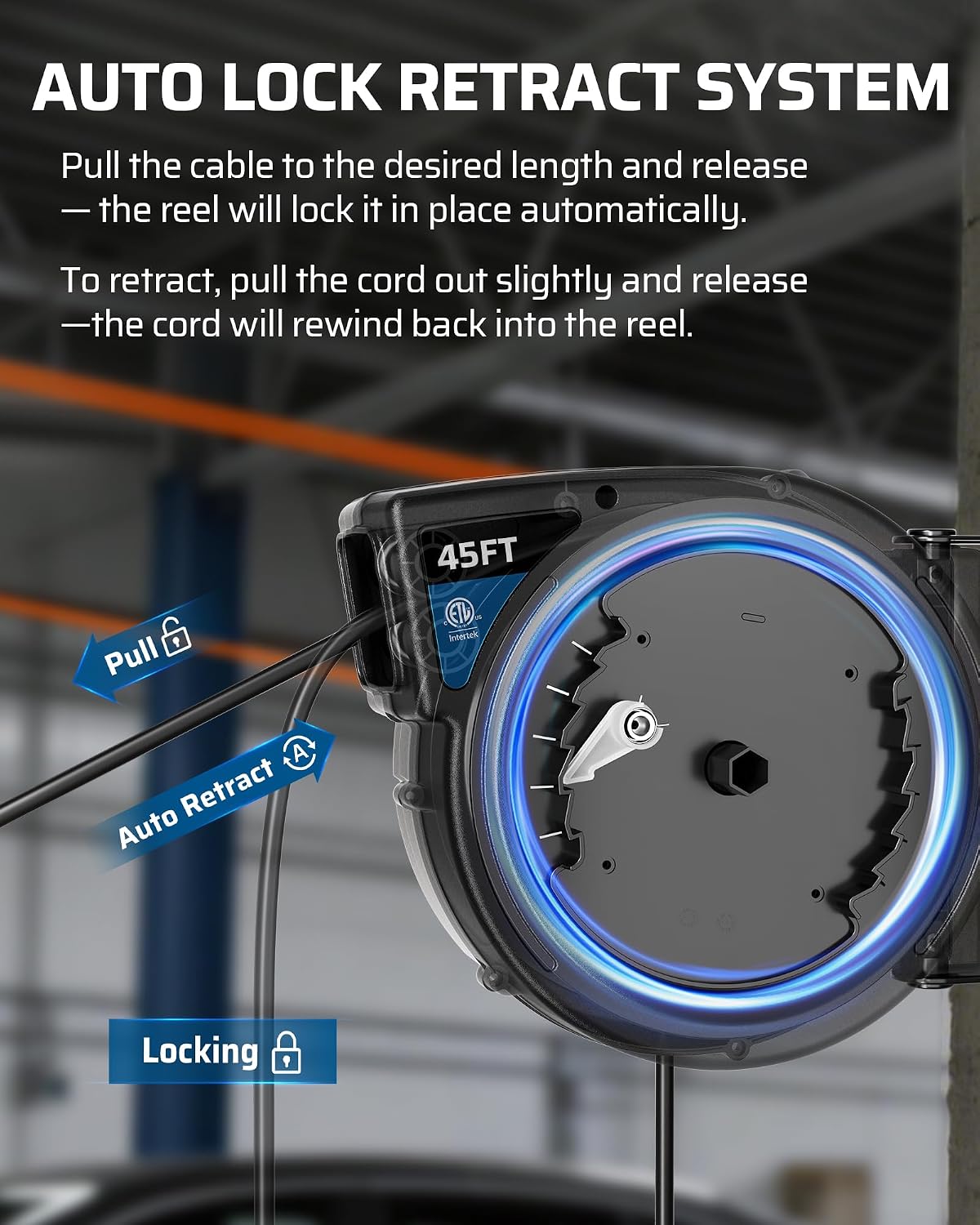 DEWENWILS 45FT Retractable Extension Cord Reel, 6 Outlets, 12/3AWG SJTOW | 15A Circuit Breaker,Automatic Retractable,Twist-Lock Stopper, 180°Swivel Bracket, Lighted Plug End for Garage,Workshop