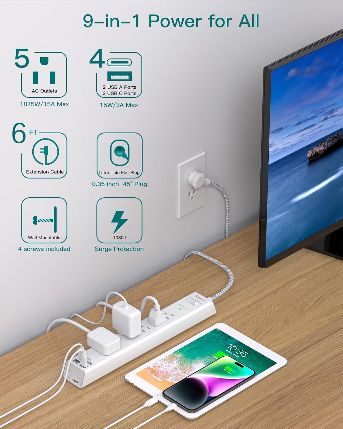 2 Pack Surge Protector Power Strip -6ft Extension Cord, 5 Outlets 4 USB | 2 USB C Charging Ports, 1875W/15A, Flat Plug, 1080J Overload Protection Wall Mount for Home Office Dorm Room Essentials