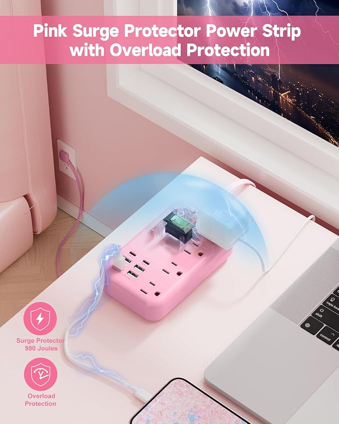 6 USB Pink Extension Cord- 5Ft Travel Power Strip - Image 5