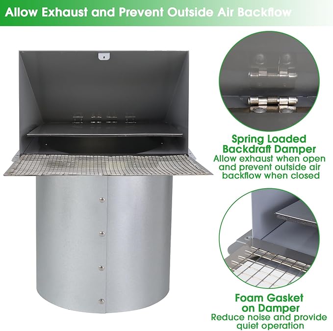 6 Inch Hooded Wall Vent with Screen and Damper, 6 Inch Exhaust Vent Cover Cap - Image 4