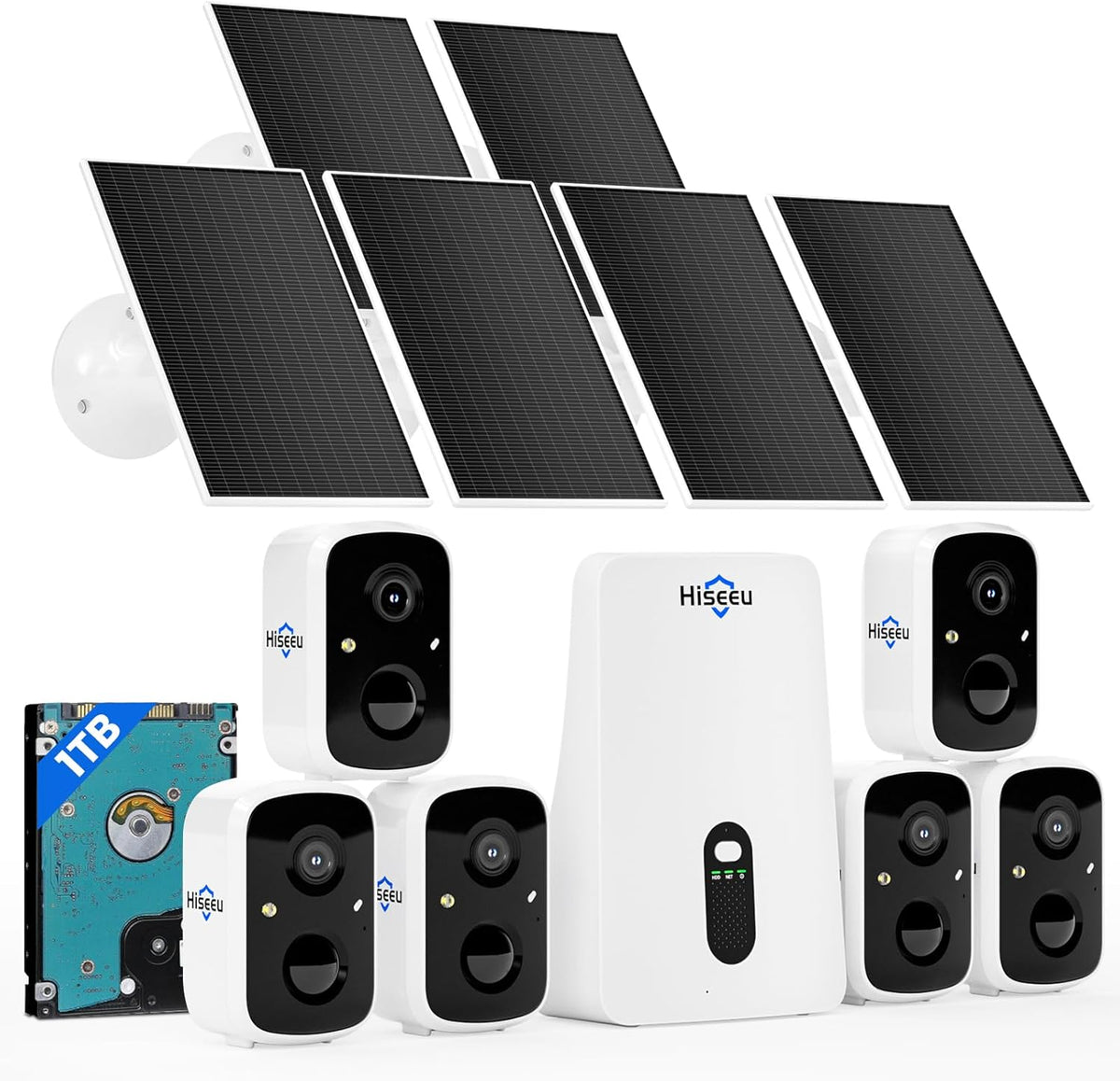 Hiseeu Solar Security Cameras Wireless Outdoor System, 6 Cam-Kit, Expandable to