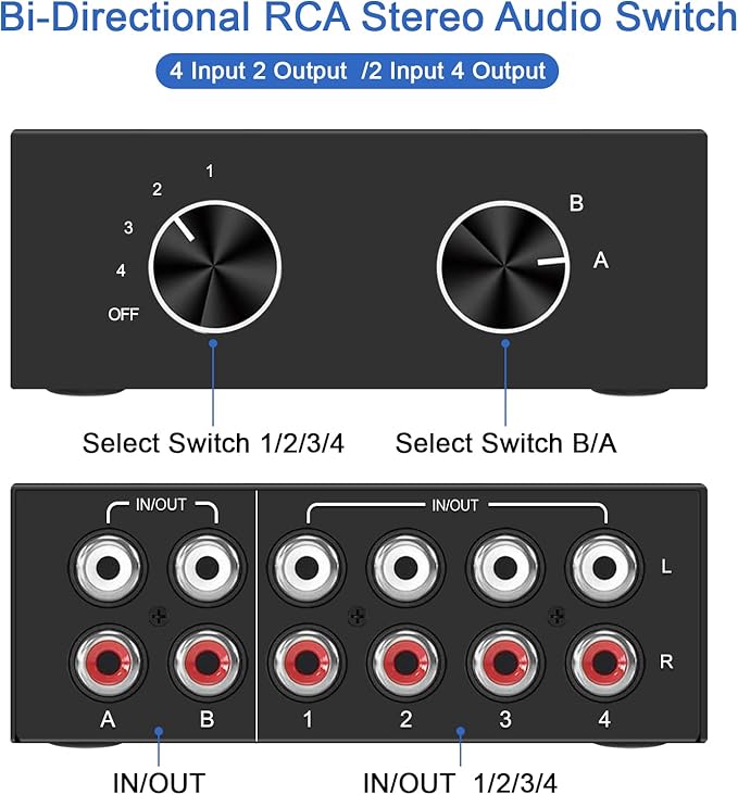 Y.D.F 4-Way Bi-Directional RCA Switch, HiFi AV L/R Sound Channel 2 in 4 Out or - Image 3