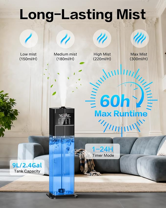 Cool Mist Humidifiers for Large Room, Ultrasonic 2.4Gal 9L Quiet Top-Fill - Image 4
