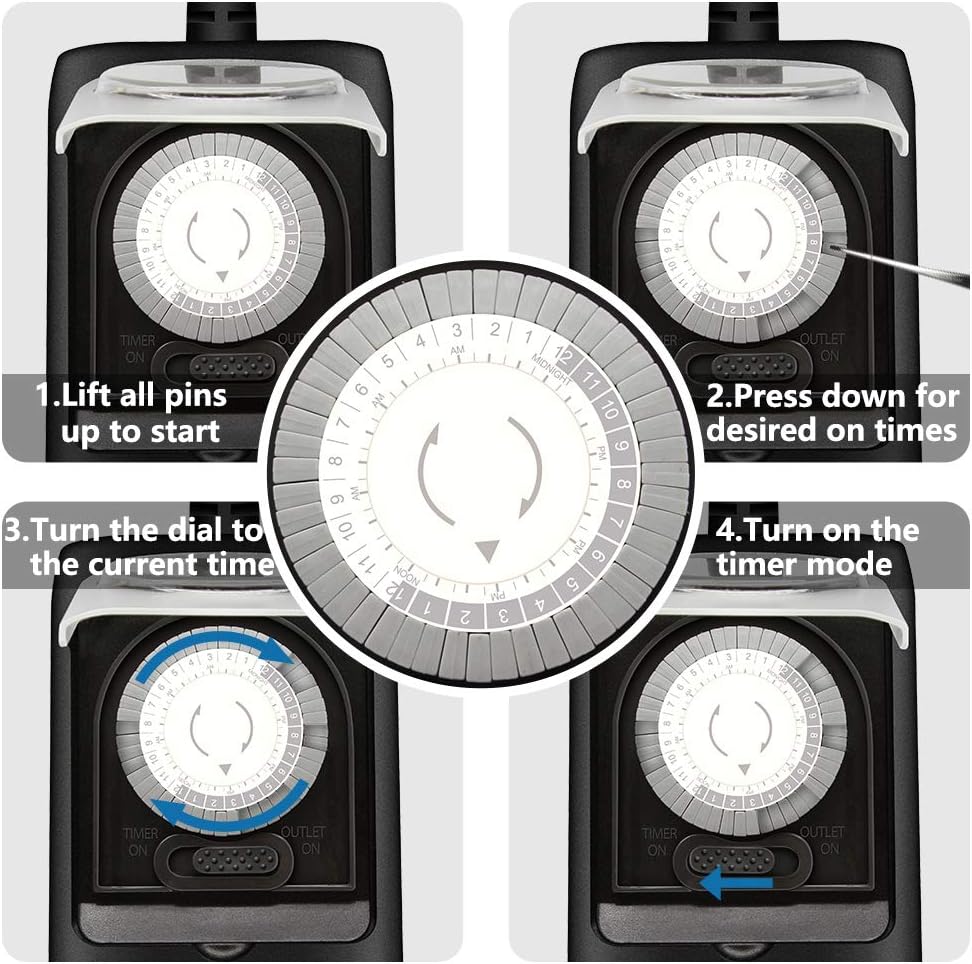 KASONIC Outdoor Light Timer Outlet, 24 Hour Mechanical Plug in Timer Switch | Heavy Duty Waterproof 2 Grounded Outlet for Home Garden Pool Pump, ETL Listed