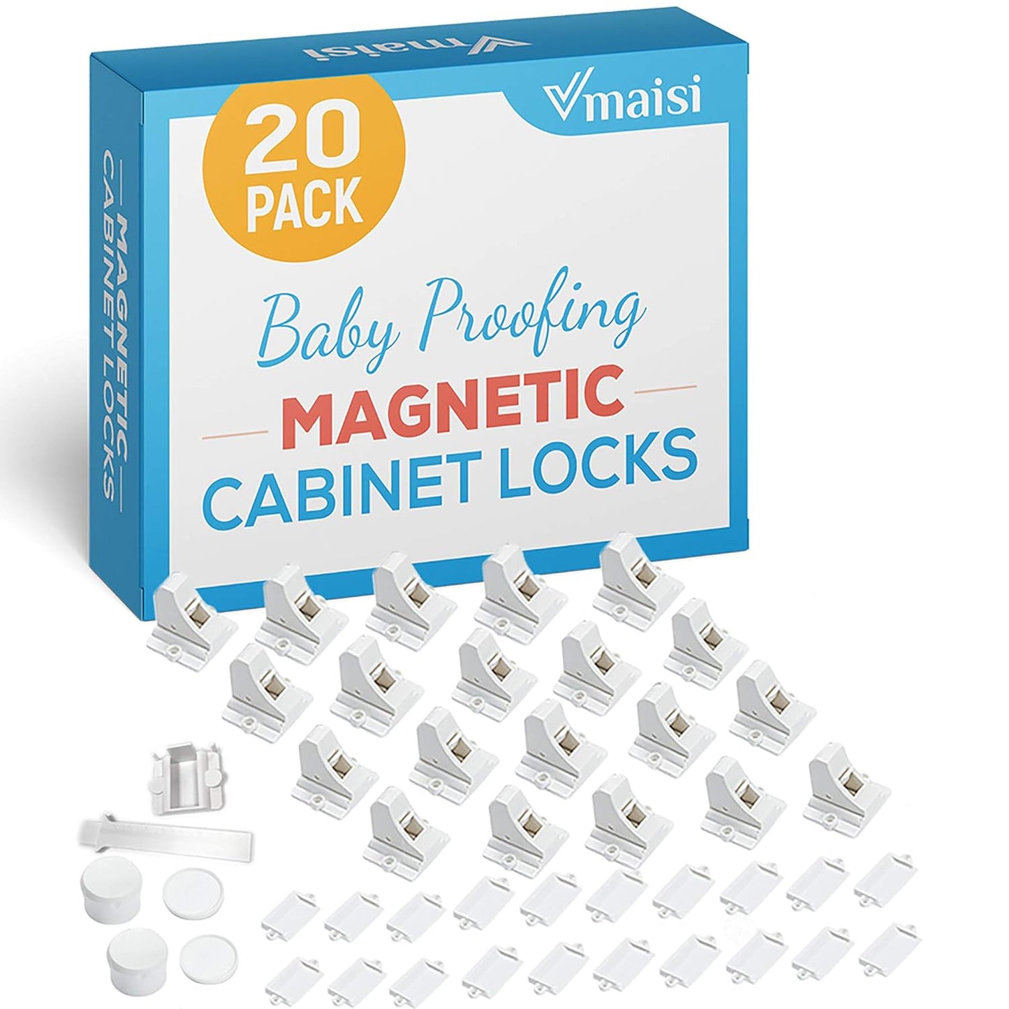 Vmaisi 20 Pack Magnetic Cabinet Locks Baby Proofing and 2 Keys | Children Proof Cupboard Drawers Latches - Child Safety Adhesive Lock Easy Installation