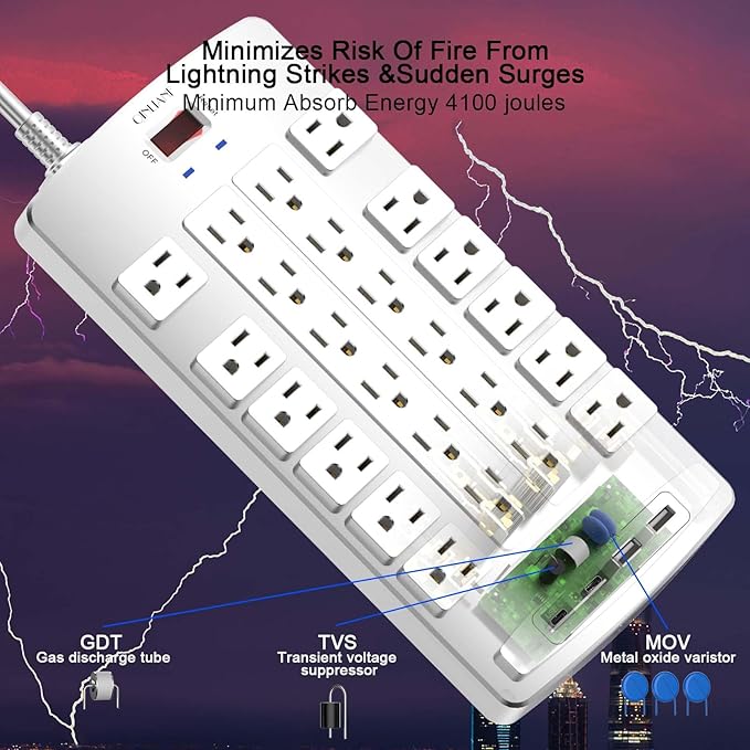 QINLIANF Surge Protector Power Strip - 6Ft Flat Plug Heavy Duty Extension Cord - Image 5