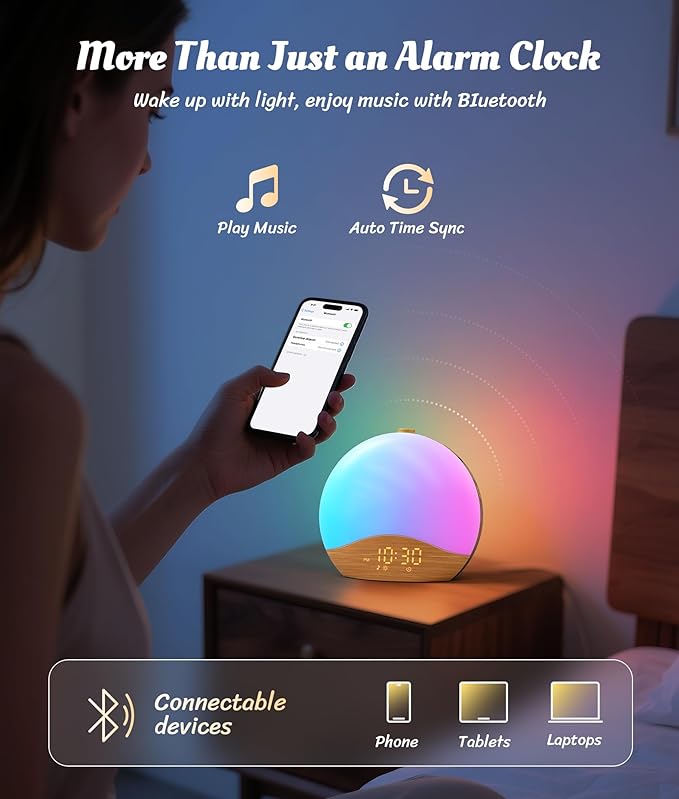 ecozy Wood Grain Sunrise Alarm Clock, Music-Sync Lights, Upgraded Backlit - Image 7