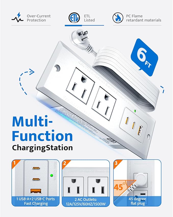 Recessed Power Strip with 20W USB C Port, Fast Charging USB A Port Conference - Image 4
