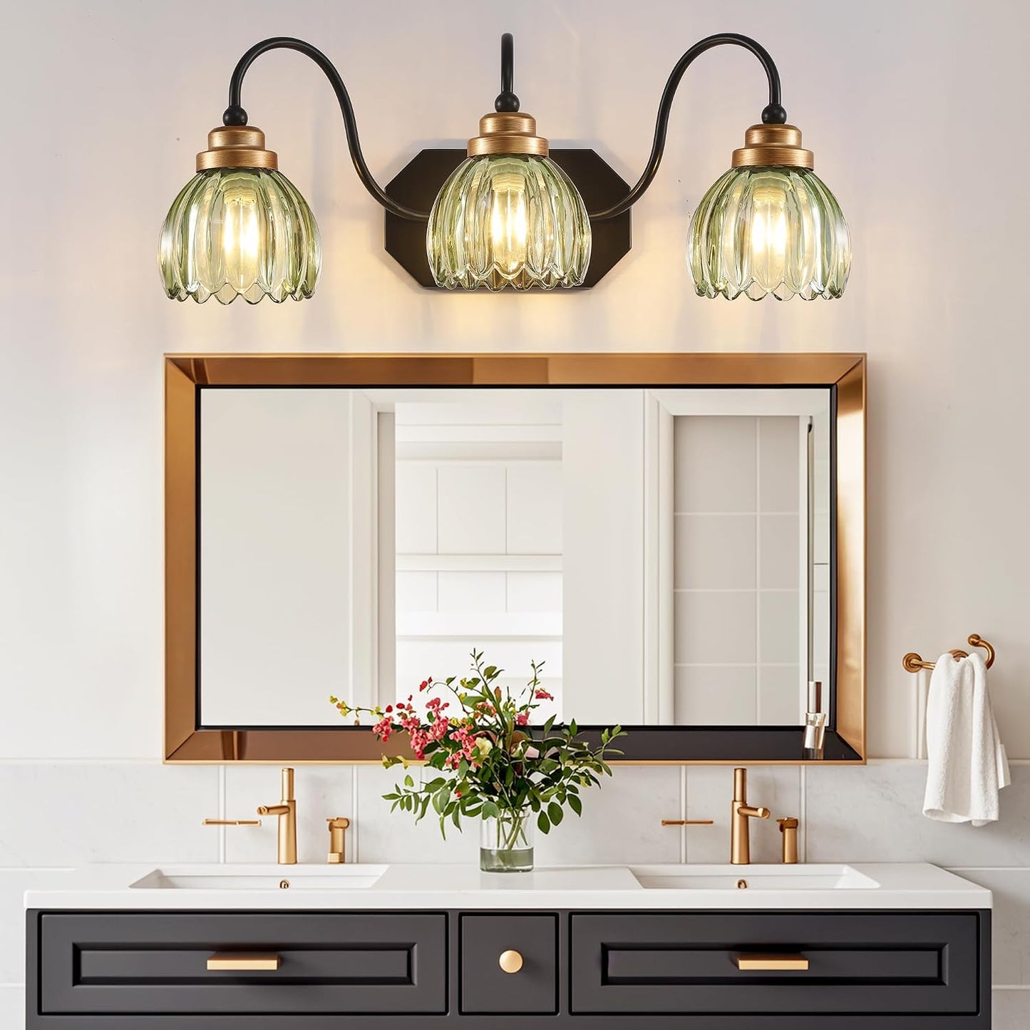 Vintage Gold Bathroom Light Fixtures,3 Light Green Tulip Crystal | Brushed Gold Vanity Lights,Matte Antique Brass Finish, Mid Century Style,Wall Sconces for Bedroom,Hallway,Easy to Install