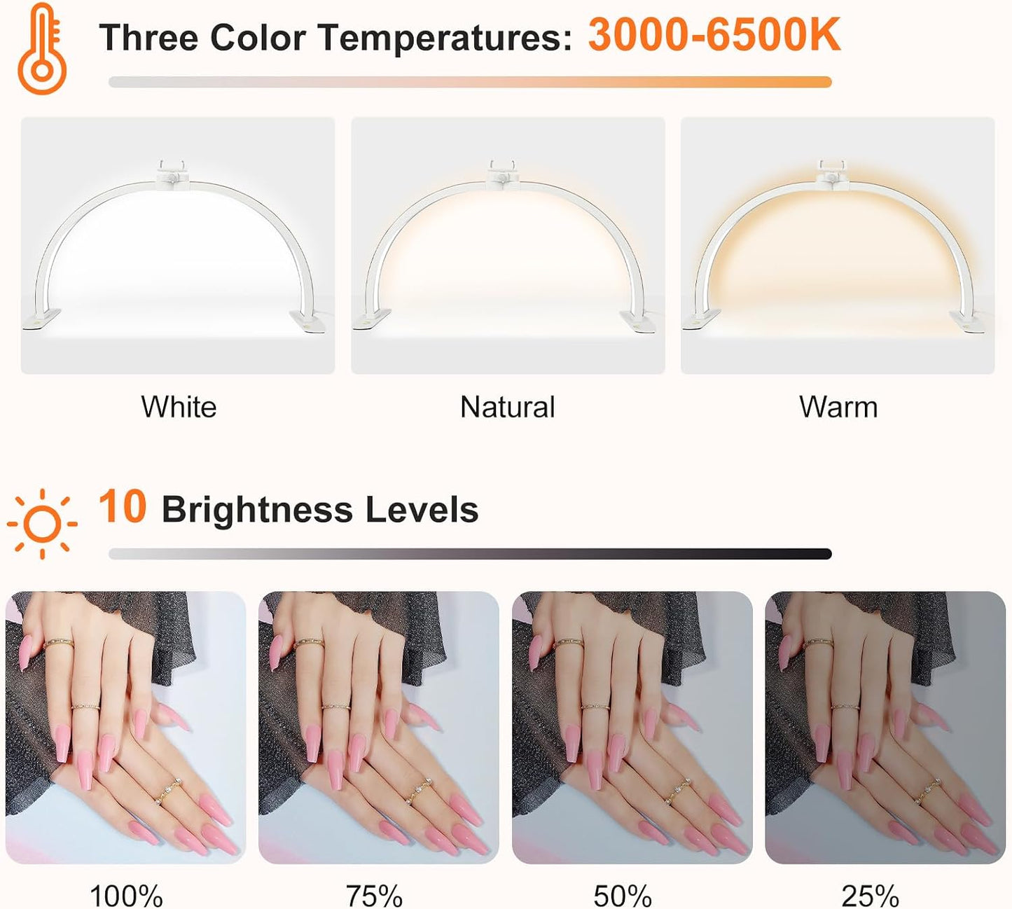 Half Moon Light for Nail Desk, 29IN Folding Half-Moon Light with Phone Holder, LED Lamp for Nail Art, Eyelash Extension, Tattooing, Skin Management, 10 Brightness Levels, Champagne Gold Rhinestones