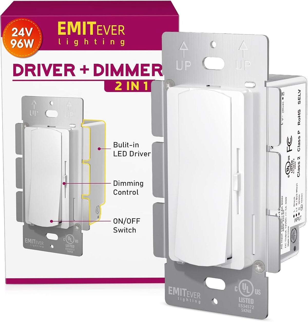 Dimmer Light Switch & 24V 96W Dimmable LED Driver 2 in 1, UL Listed Single-Pole