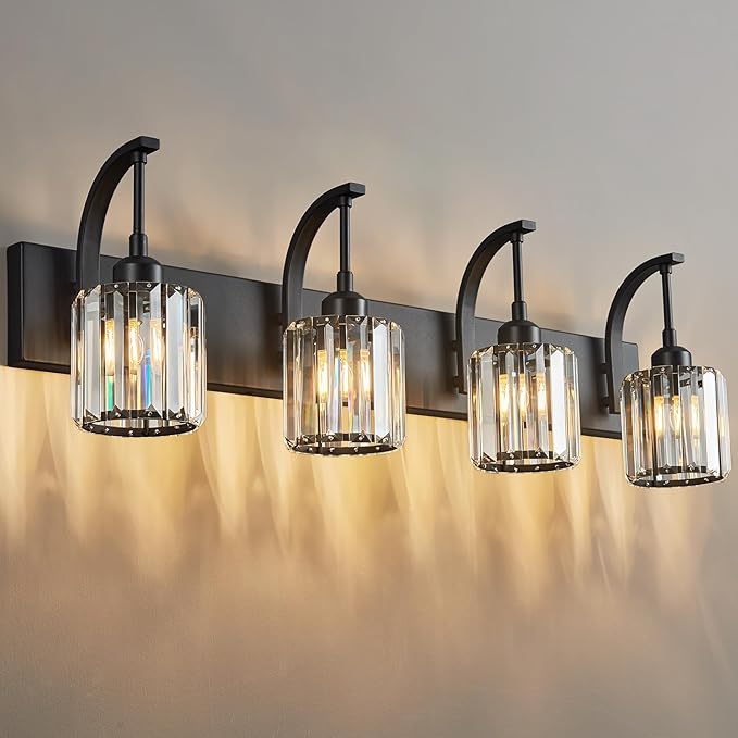 FDPBY 4-Light Crystal Vanity Light, Modern Black Bathroom Wall Sconce by FDPBY