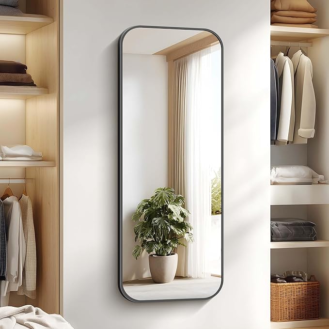 Bathroom Mirror, 60 x 24 inch Metal Framed Black Rectangle Mirror, Rounded - Image 7