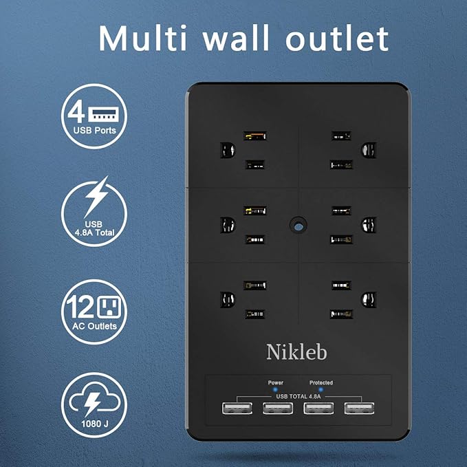Surge Protector Wall Charger, 12 Wide AC Outlets Power Strip, 4 Ports USB - Image 2