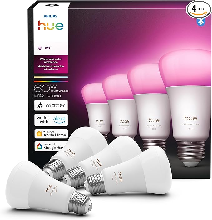 Philips Hue Smart LED A19 Bulb 4-Pack, E26 Base, Full Spectrum Light by PhilipsHue