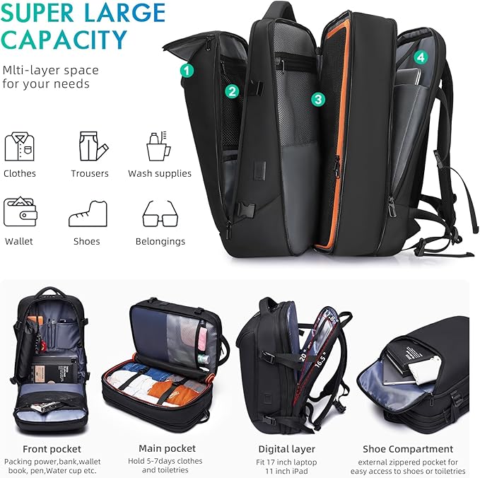 Carry on Backpack for Women Men 40L Flight Approved Travel Backpack Fit 17 Inch - Image 3