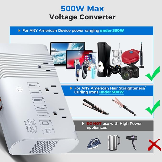 DOACE 500W Max 220V to 110V Converter, 50Hz to 60Hz Voltage Converter - Image 4