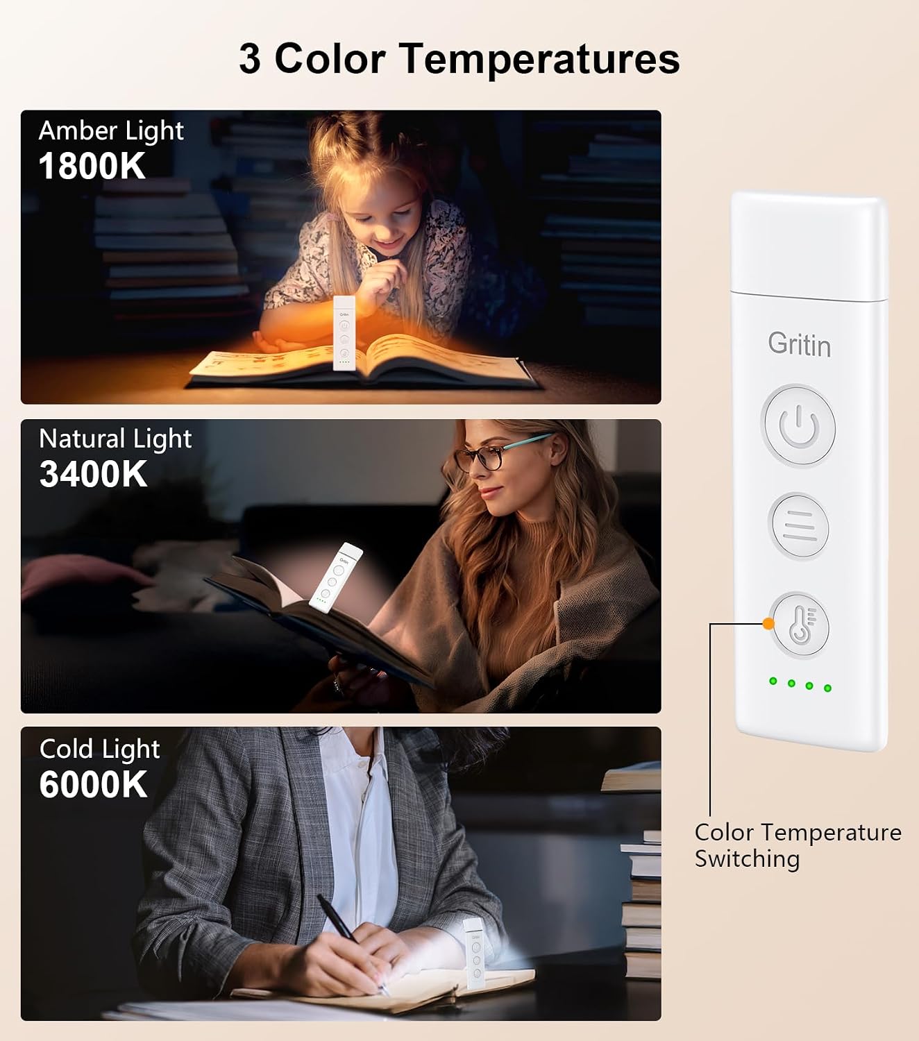 Gritin Book Light Rechargeable, Clip on LED Reading Light for Books in Bed | Eye Caring 3-Color & 5-Brightness, Stepless Dimming, Long Lasting, Compact Size Flexible Book Lamp for Bookworms