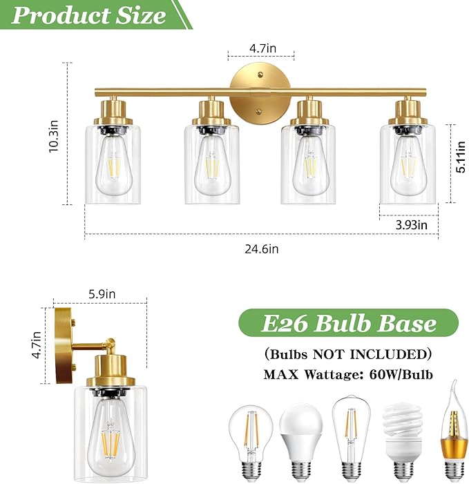 Guliaofo 4-Light Gold Bathroom Light Fixtures, E26 Modern Vanity Lights - Image 2