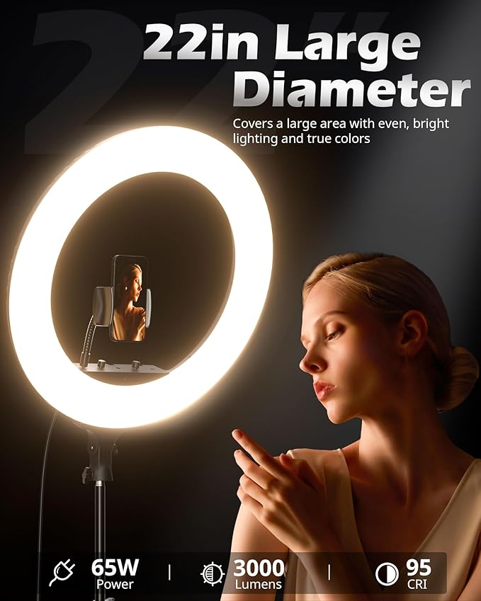UBeesize 22'' Ring Light with 72'' Stand, 65W Large Ring Light with Phone Holder - Image 2