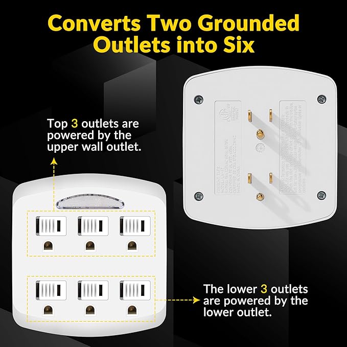 6-Outlet Extender, 3-Prong Ground Wall Tap Adapter - Image 4