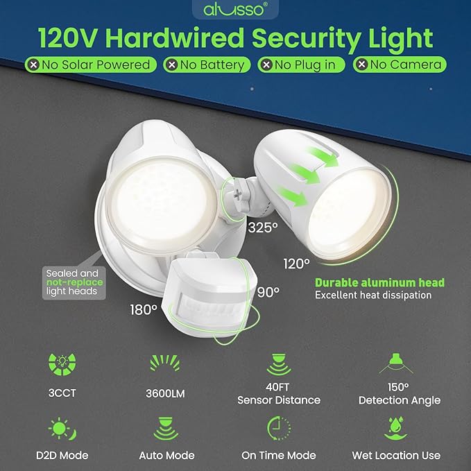 ALUSSO Motion Sensor Outdoor Lights Metal Heads, 30W Flood Lights Outdoor 3600LM - Image 3