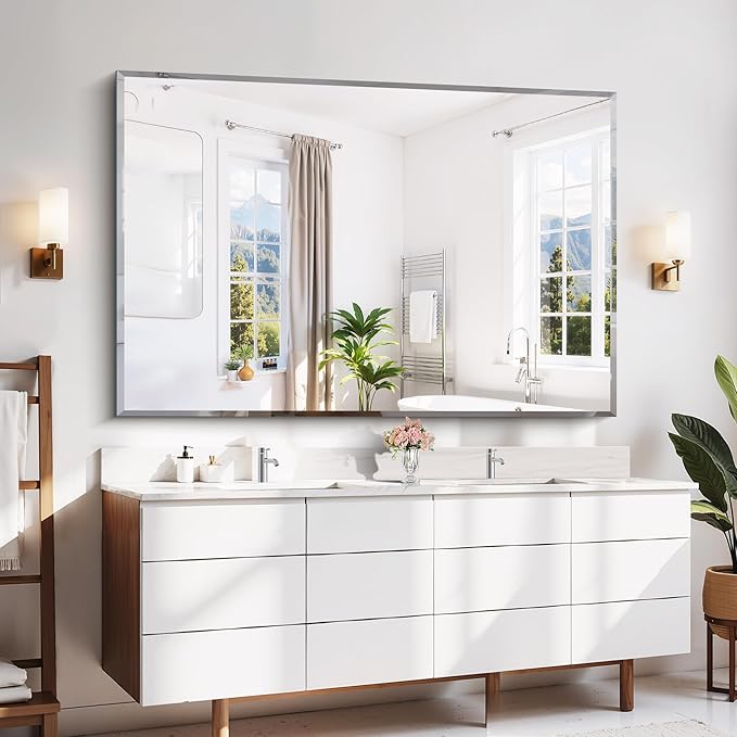 CILIBER 60x40 Large Beveled Mirror, Frameless Beveled Bathroom Mirrors - Image 3