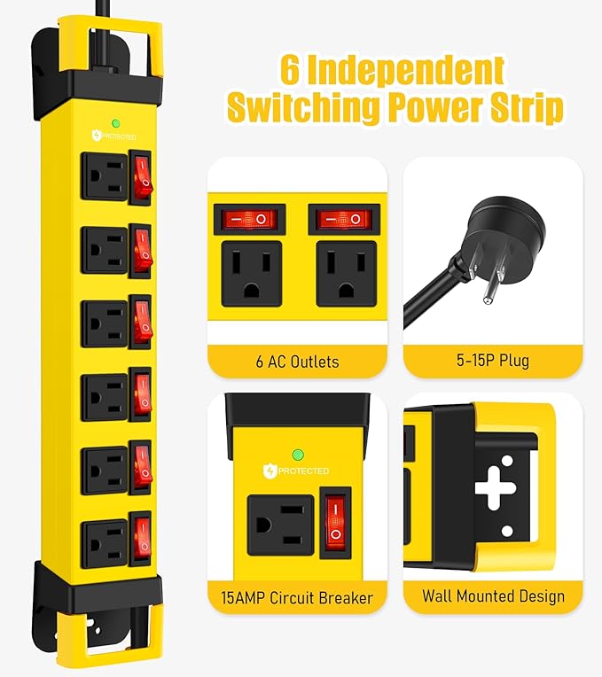 Heavy Duty Power Strip, 6 Outlets Metal Power Strip - Image 2
