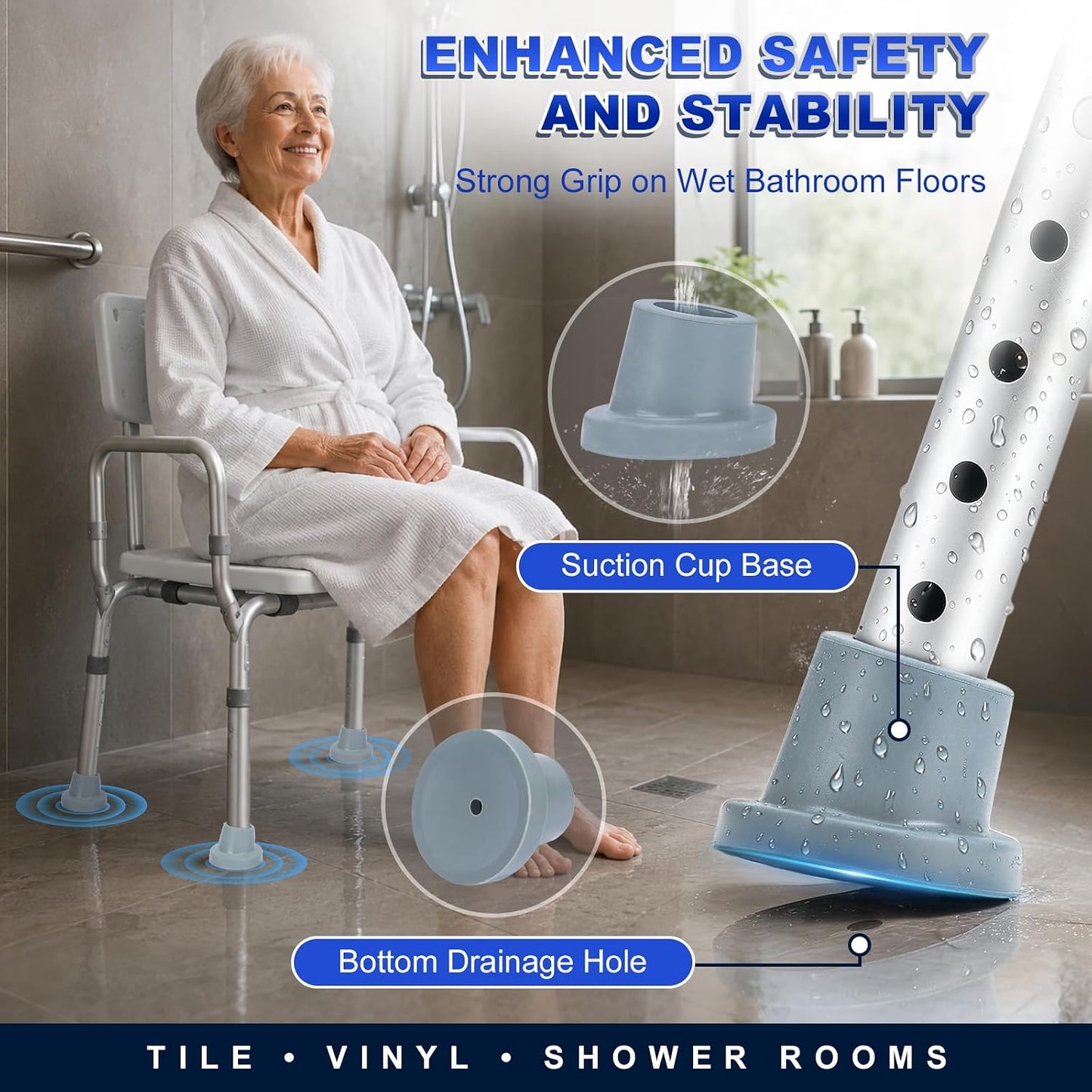 supregear Replacement Feet for Shower Chair Bath Seat, 1-1/8" I.D. Slope Rubber Feet Pad for Shower Stools Transfer Bench Non-Slip Extreme Grip Tub Transfer Benches Suction Cup Feet, 4PK