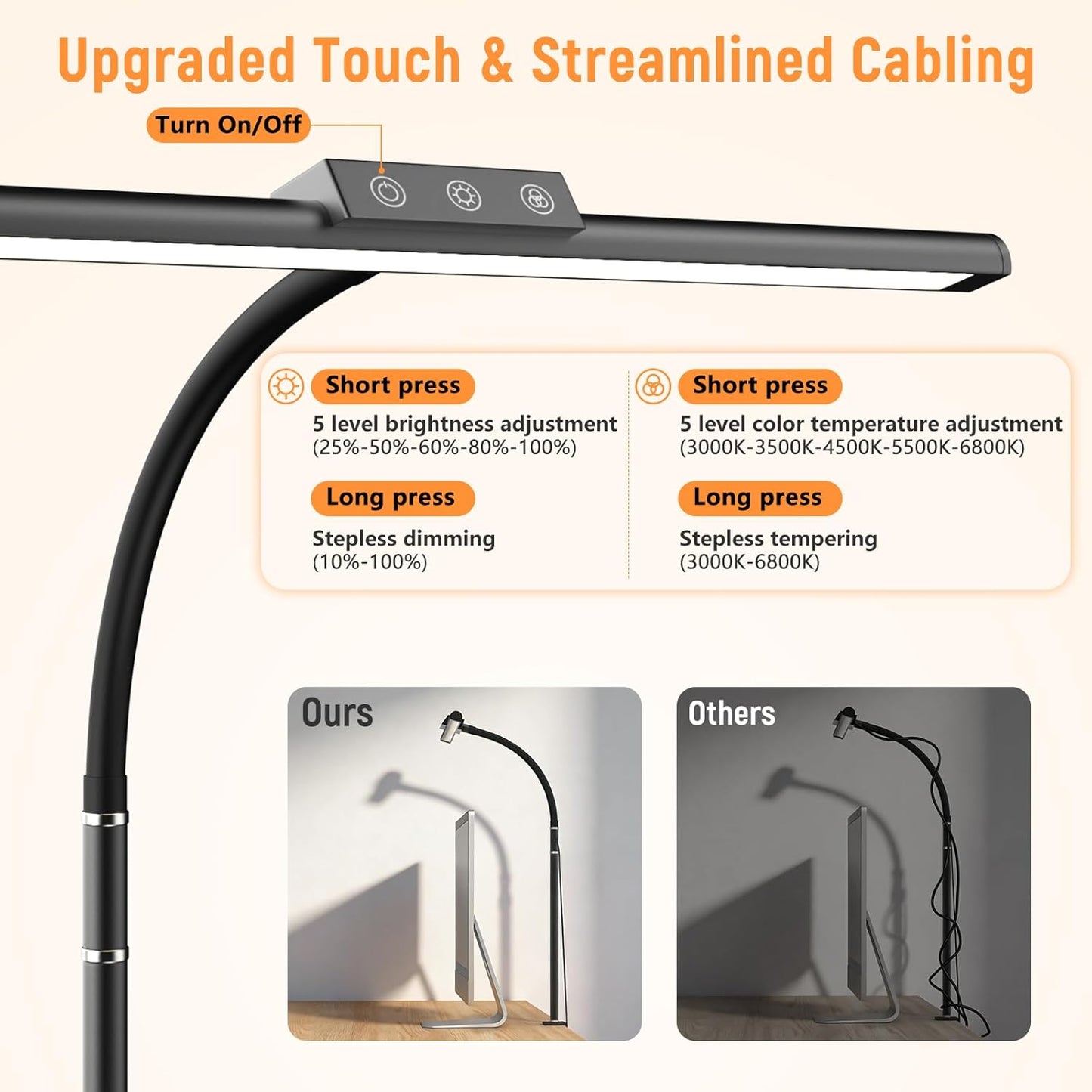 LED Desk Lamp for Home Office, Flexible Gooseneck Desk Lamp with Clamp, 5 Color Touch Control Stepless Dimming Adjustable Eye-Caring Desk Light with Adapter for Reading, Study, Workbench (Black)