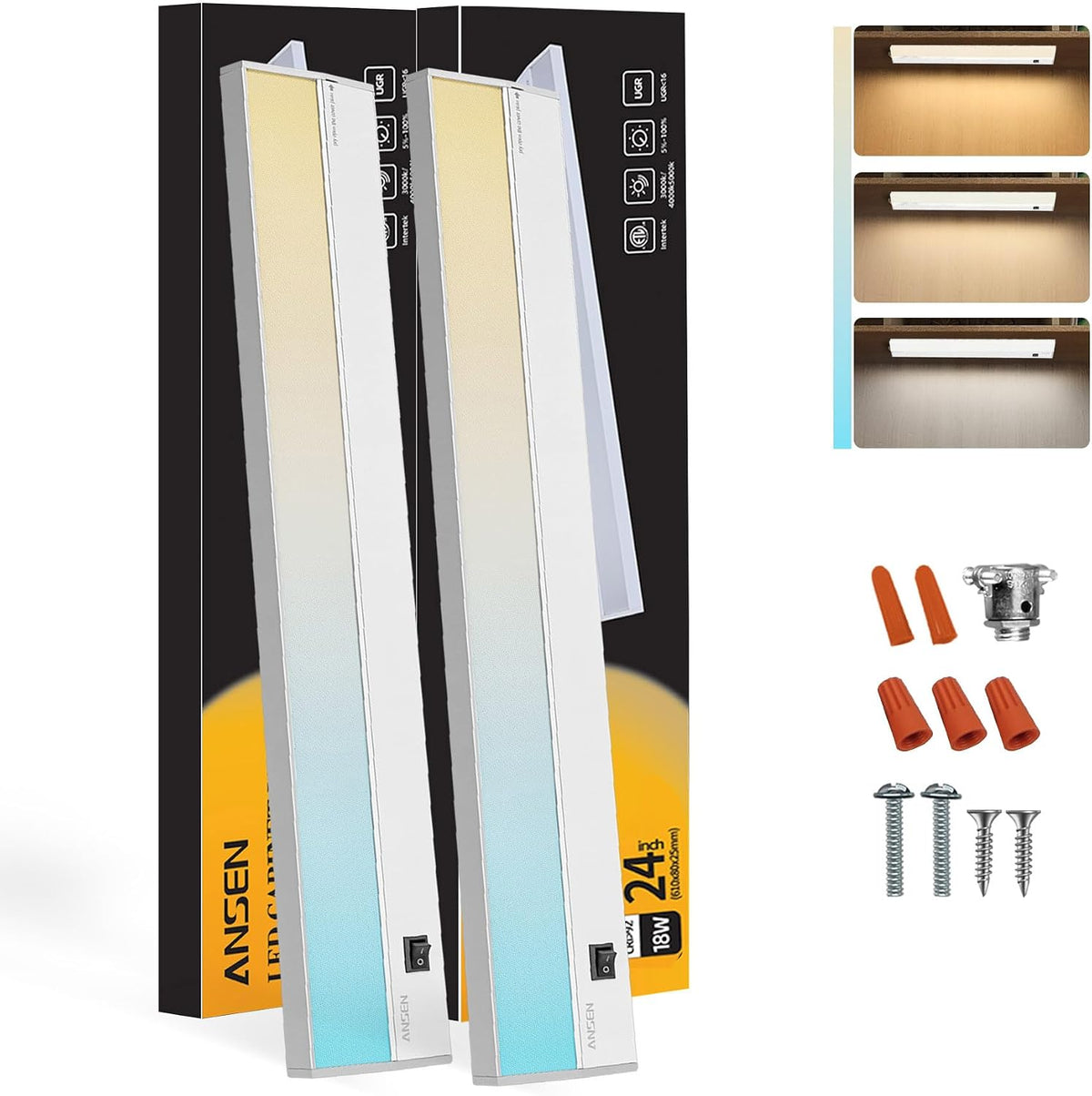 Ansen 2Packs of Under Cabinet Lighting Hardwired, 24in 18W 1237LM Dimmable Led