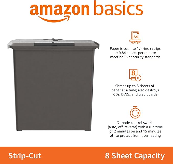 Amazon Basics Paper Shredder for Home and Office, 8-Sheet Strip Cut, CD/ Credit - Image 2